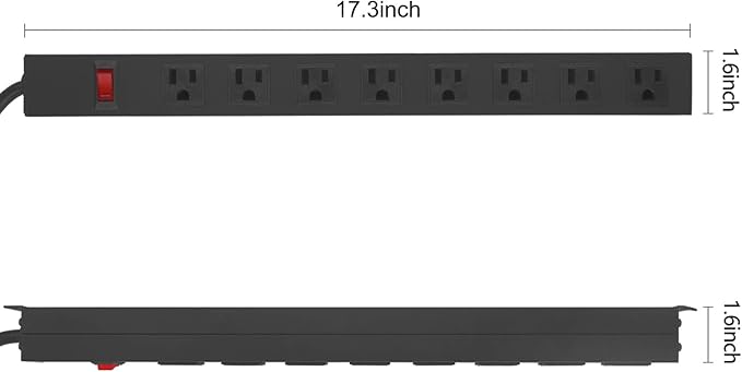 3Pack Metal 8 Outlet Mountable Power Strip, Wall Mount Outlet Heavy Duty, Wide Spaced Commercial Shop Power Strip with Switch, 6 FT Power Cord.