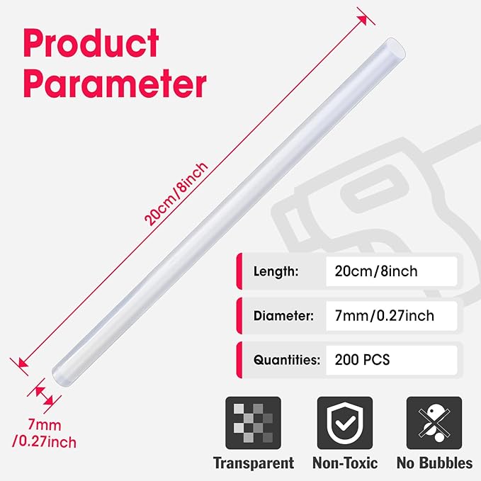 200 PCS Mini Hot Glue Sticks, 8" Long x 0.27" Diameter Glue Sticks for Glue Gun, Perfect Fit for Mini Glue Guns, Widely Used in Wood, Metal, Glass, Plastic, Floral, Fabric, and More