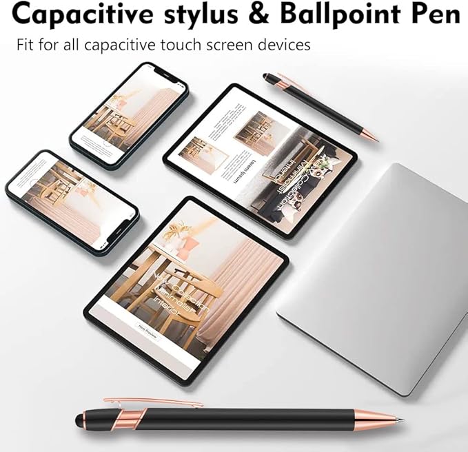 12 PCS 2 in 1 Stylus Ballpoint Pen with Stylus Tip, 1.0 mm Black Ink Metal Pen Stylus Pen for Touch Screens (Rose Gold & Green)