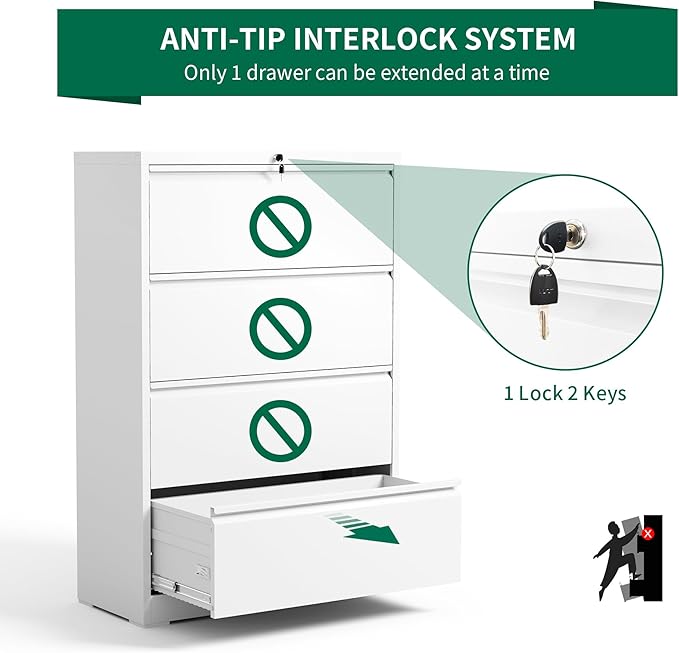 4 Drawer Lateral File Cabinet, Metal Filing Cabinets for Home Office, Steel Storage Wide File Cabinet for Letter/Legal/F4/A4 Size with Hanging Bars, Assembly Required (White)