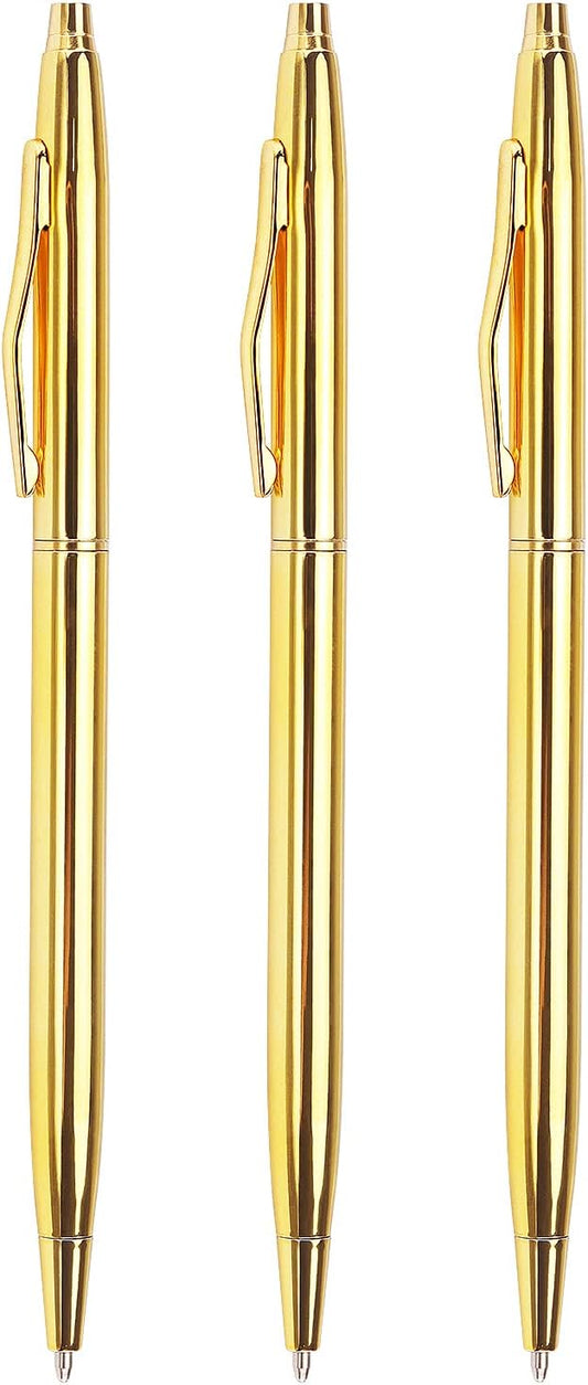 3 Pack Slim Gold Ballpoint Pens Black Ink 1 mm, Great Gift for Business Office Students Teachers Wedding Christmas (Gold)