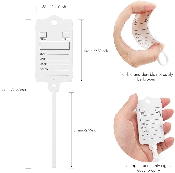 100 Car Key Tags with Labels Plastic Car Dealership Key Tags Self Locking Automotive Identifiers Blank Shop Labels with One Pen (White)
