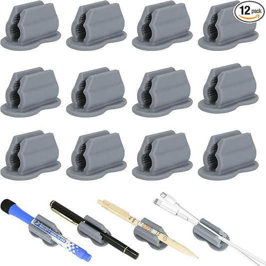 12PCS Pen Holder for Desk, Upgraded Adhesive Pen Pencil Holder for Desk Wall Clipboard Car Silicone Pens Markers Pencils Organizer Teacher Supplies Office Supplies (12PCS Gray)