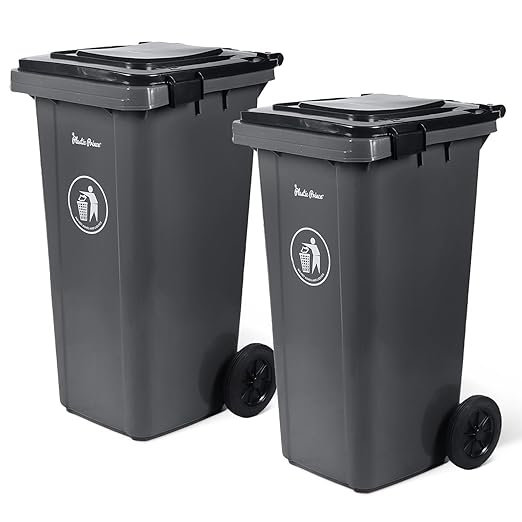 32 Gallon Trash Can with Wheels Outdoor Garbage Can with Lid and Wheels Locking Trash Can Commercial Heavy-Duty Trash Bin Rolling, Plastic 2 Pack