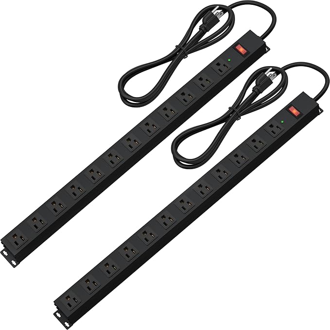 12 Outlet Long Power Strip Surge Protector with 2100 Joules, 6FT Power Cord, Wide Spaced Outlet Power Bar, Overload Protection Switch, Industrial Heavy Duty for Work Bench, Shop, Garage (Black),2 Pack