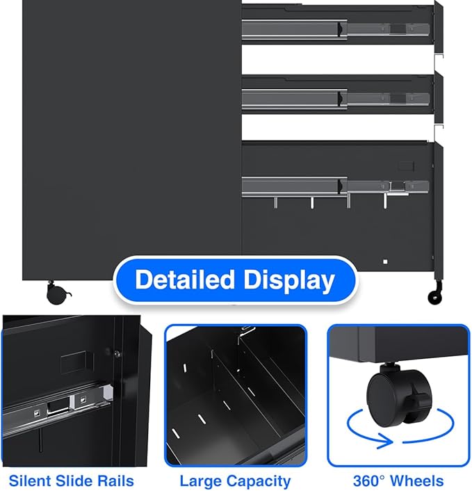 3 Drawer Steel Mobile File Cabinet with Lock for Legal/Letter/A4 Folders, 23.6''H Rolling File Cabinet for Home, Office, Fully Assembled Except Wheels, Black