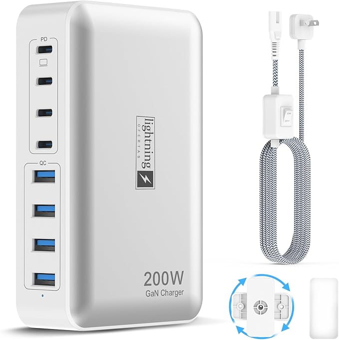 200W Charging Station for Multiple Devices, 8-Port USB C Charger Block Fast Charging, 65W Type C GaN Power Adapter for Cellphones, Tablets, Laptops, Multi Chargers USB Hub Flat Plug