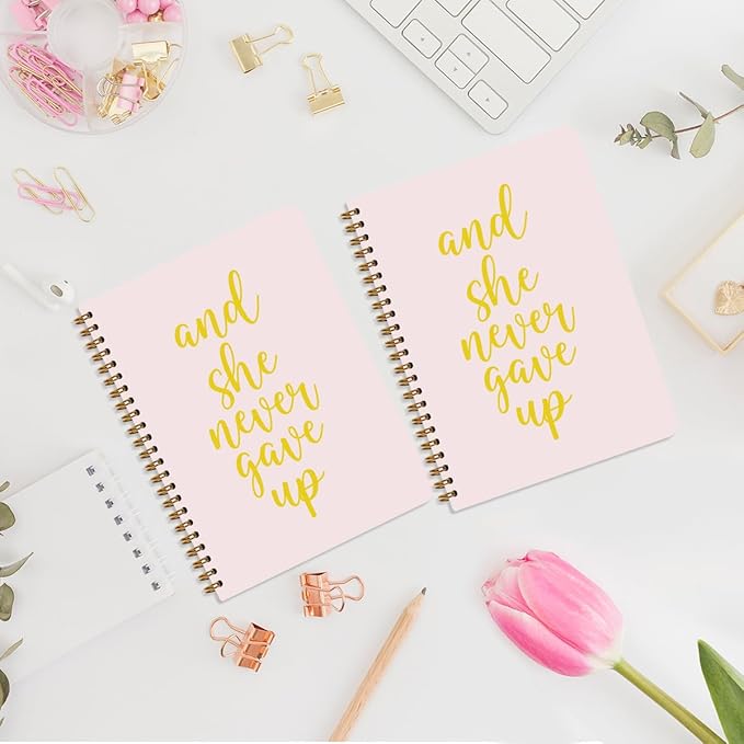 2Pcs Spiral Notebook, Light Pink She Never Gave UP idea Spiral Notebook, 160 Pages Hardcover Notebooks Journals for Writing Travel Business Office, Christian Aesthetic Notebooks for Women