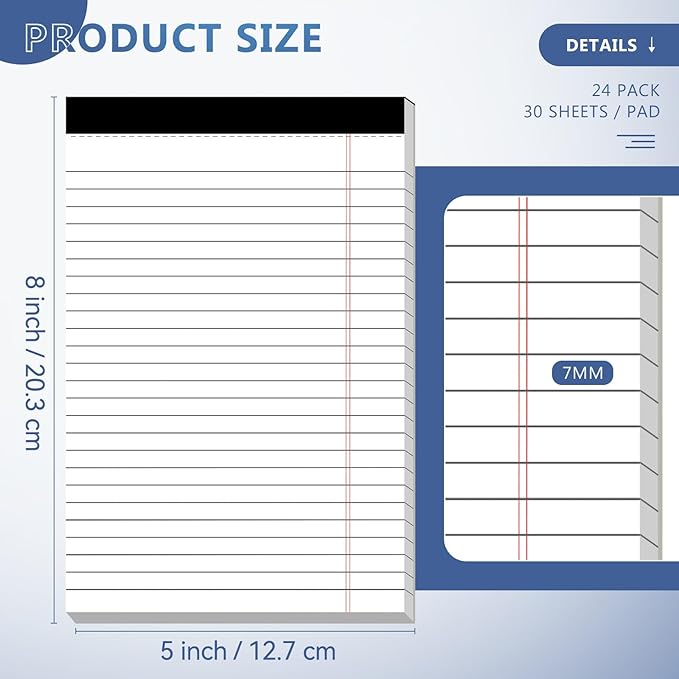 24 Pack of Legal Pad Writing Pads 5" x 8" Notepad 80gsm Recycled Paper Small Legal Pads 25 Lines Note Pads Perforated Legal Pads 720 Sheets Double-Sided Printing Printed Legal Pads for School,