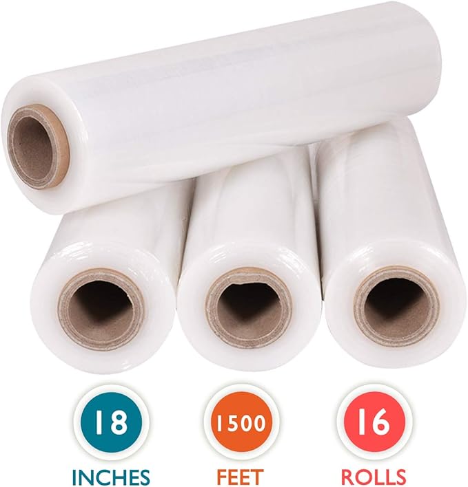 16 Rolls 18" x 1500 Ft Stretch Wrap Heavy Duty, Industrial Strength Shrink Wrap, 55 Gauge High Performance Stretch Film Replaces 80 Gauge Low Films, Clear Hand Stretch Wrap