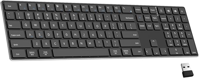 2.4G Wireless and Bluetooth Keyboard with Numeric Keypad, Multi-Device, Rechargeable, Compatible with Mac, Windows (Black)