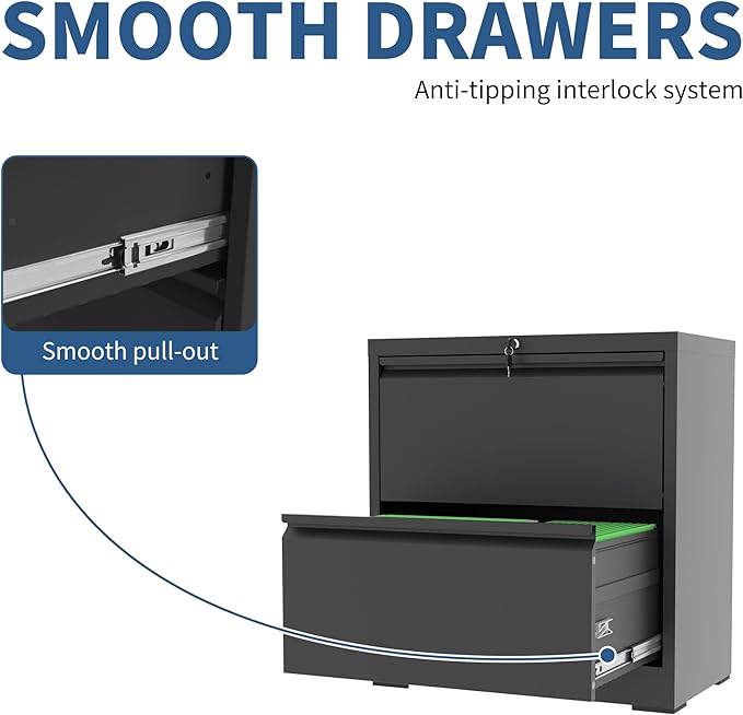 2 Drawer File Cabinet with Lock, Black Metal Lateral Filing Cabinets for Home Office, Heavy Duty Steel Horizontal Locking Storage Cabinet for Legal/Letter/A4 Size File, Assembly Require