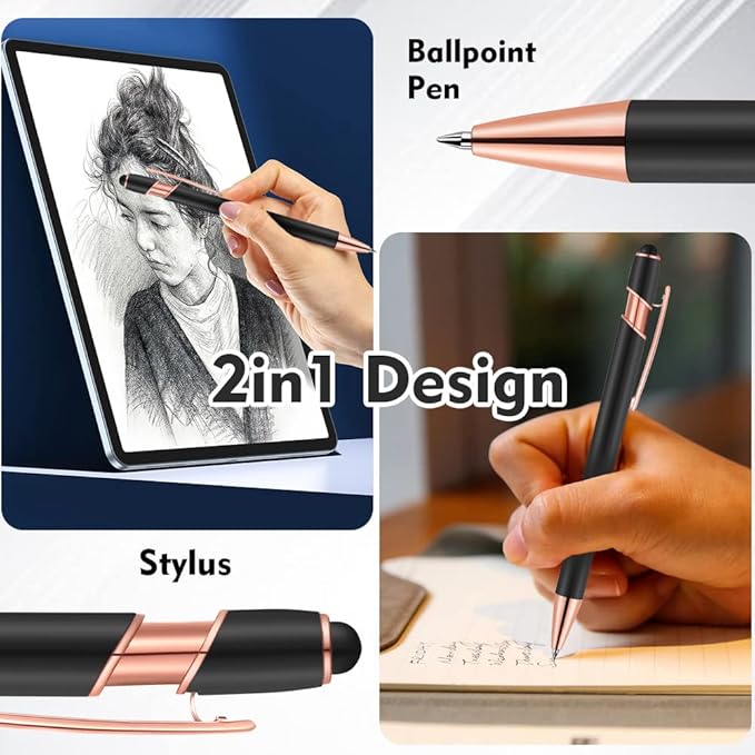 12 PCS 2 in 1 Stylus Ballpoint Pen with Stylus Tip, 1.0 mm Black Ink Metal Pen Stylus Pen for Touch Screens (Rose Gold & Blue)