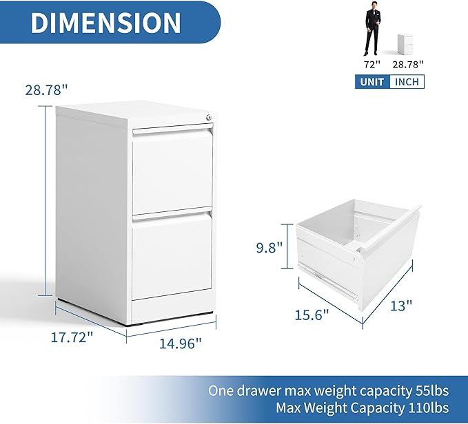 2 Drawer File Cabinet with Lock,Metal Vertical Filing Cabinets for Home Office,Heavy Duty File Storage Cabinet for Letter/Legal/A4/F4 Size File,Assembly Require (White, Vertical 2 Drawer)