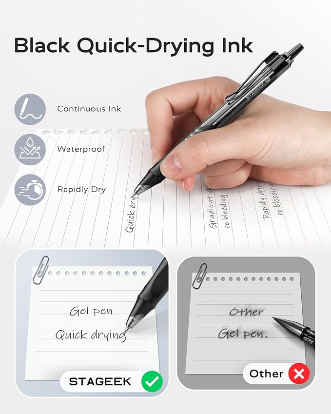 12 Pack Black Gel Pens, Quick Dry Black Ink Pens, 0.5mm Fine Point Retractable Smooth Writing Pens for Journaling, Writing, Business Gel Pen for Office School & Home Supplies(Black)