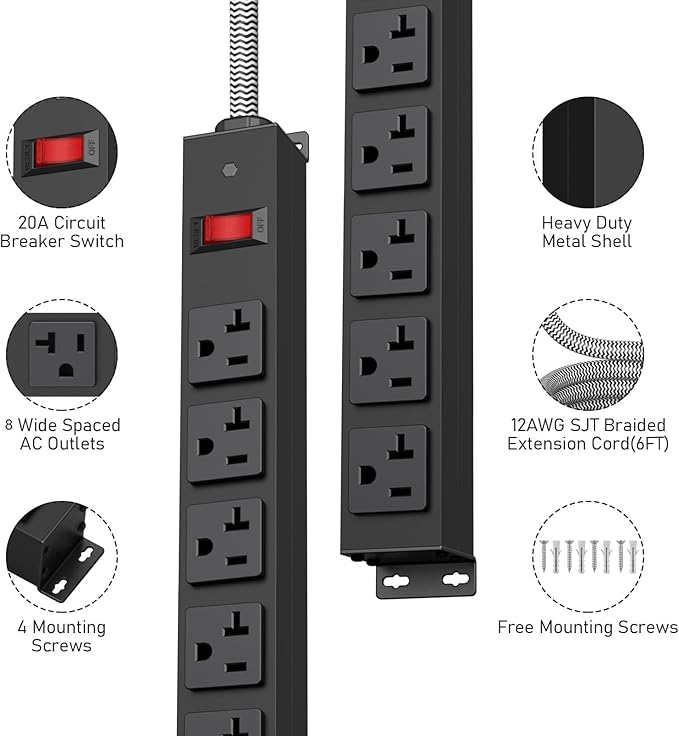 20 Amp Power Strip Heavy Duty, 12 Gauge Extension Cord for Appliance Workbench Garage Industrial, Metal 8 Outlets Combine with T-Plug Adapter 5-20R T-Slot, 1200J Surge Protector