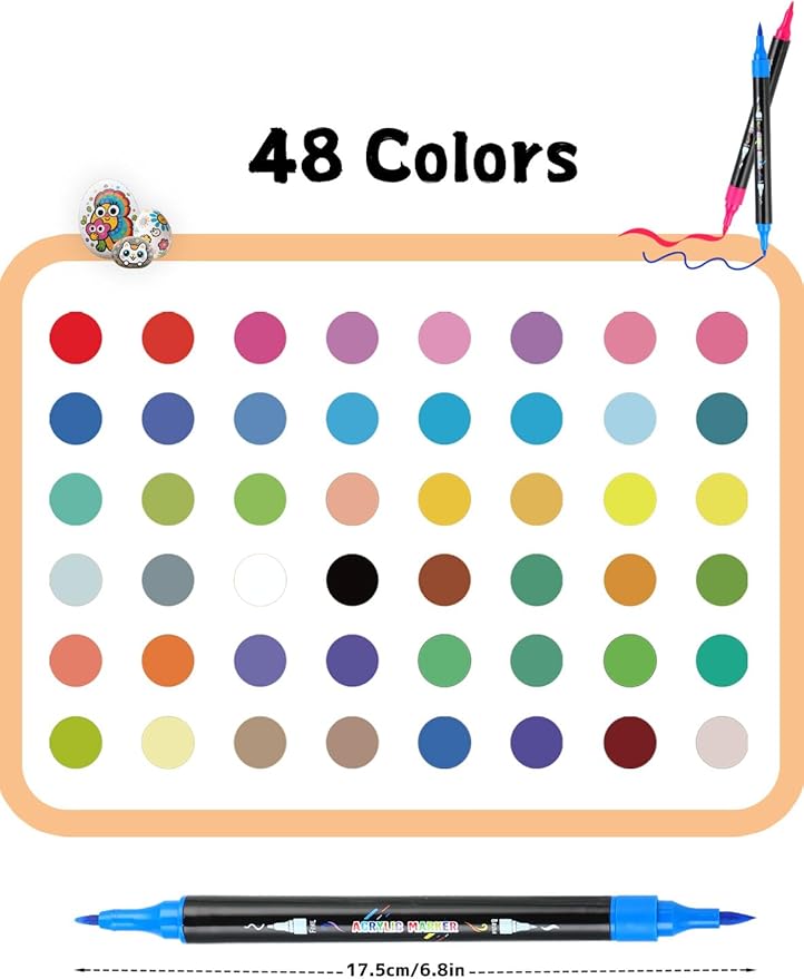 48 Colors Acrylic Paint Markers, Dual Tip Acrylic Paint Pens with Brush and Fine Tips for Kids, Adults, Wood, Canvas, Stone, Rock Painting, Glass, Ceramic Surfaces, DIY Crafts Making