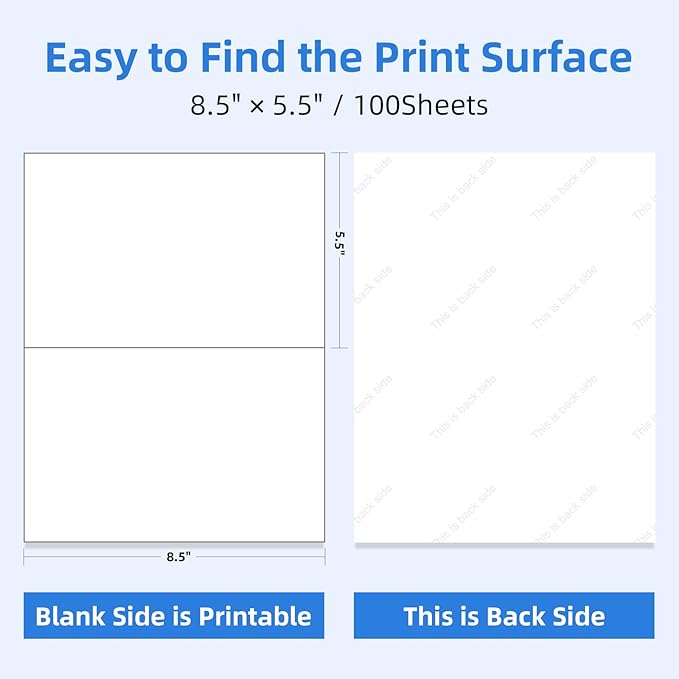 200 Half Sheet Self Adhesive Shipping Labels 8.5" x 5.5" Compatible with for Laser & Inkjet Printers - 100 Sheets, 2 Labels Per Page