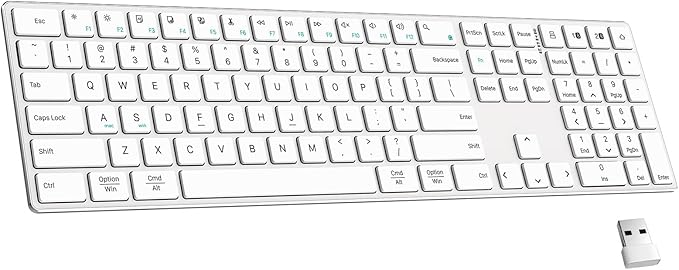 2.4G Wireless and Bluetooth Keyboard with Numeric Keypad, Multi-Device, Rechargeable, Compatible with Mac, Windows (White)