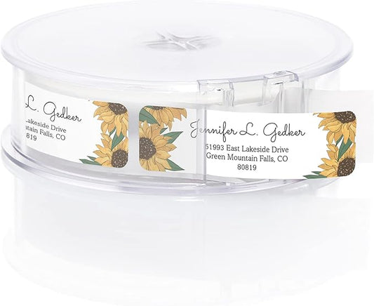 Illustrated Sunflower Rolled Address Labels/Roll of 500 Floral Garden Personalized Address Labels/Designer Return Address Stickers in Elegant Plastic Dispenser