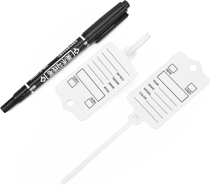 100 Car Key Tags with Labels Plastic Car Dealership Key Tags Self Locking Automotive Identifiers Blank Shop Labels with One Pen (White)