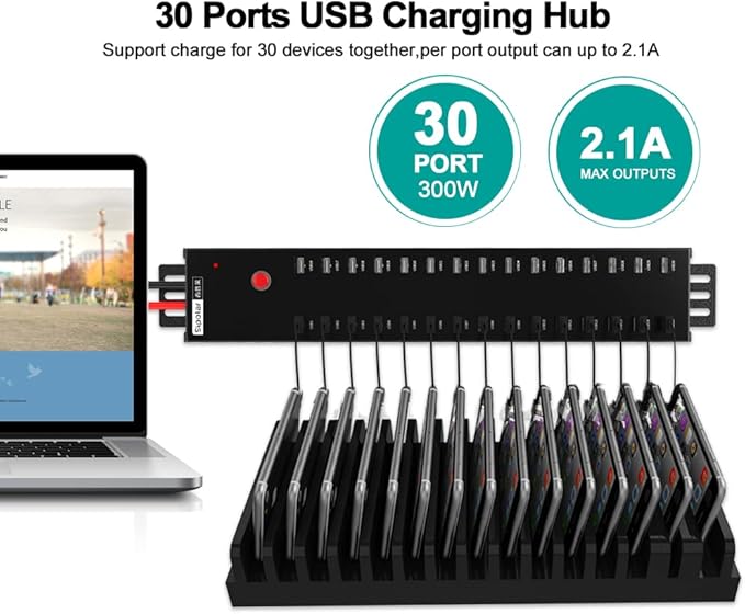 Industrial USB 2.0 Hub 30 Ports with 300W Power Supply Wall Mountable Support Refurbishing and Brush, Batch Data Transfer