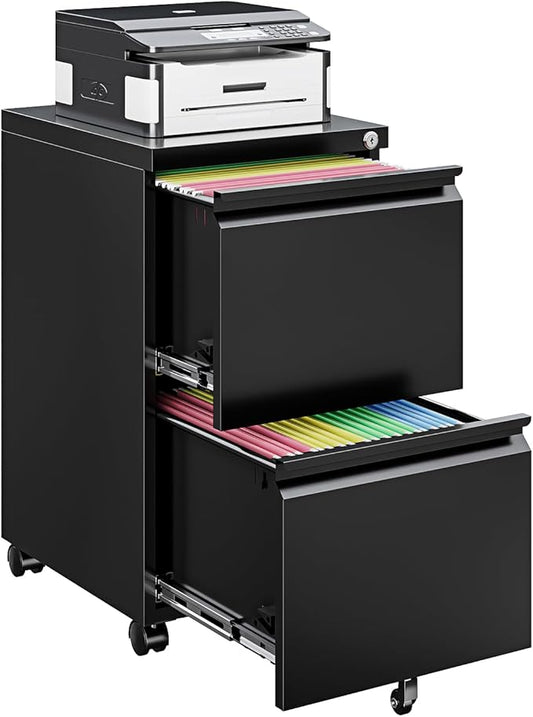 2 Drawer File Cabinet On Wheels Mobile File Cabinet with Lock Under Desk Metal Filing Small Rolling Black Printer Stand for Home Office Assembly Required