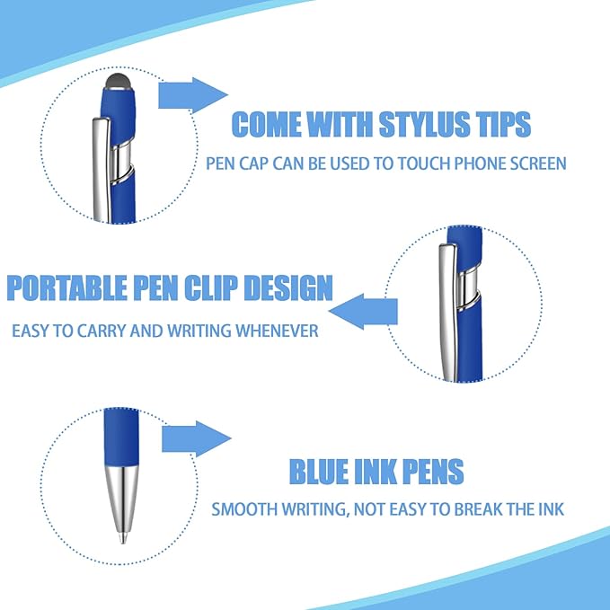 24 Pcs Blue Ink Ballpoint Pen with Stylus Tip 2 in 1 Ballpoint Pen 1.0 mm Blue Ink Metal Stylus Pen for Touch Screens Coworkers, Family, Colleagues, Office