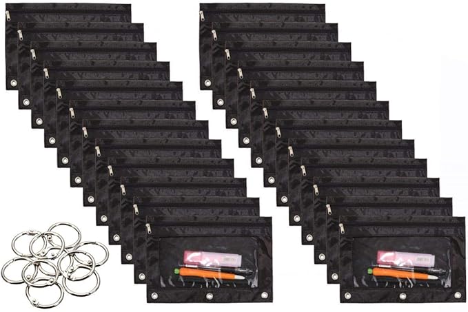 24 Packs 3 Ring Binder Pen Pencil Case Pouch Bulk Set Stationery Bag for School Class Office Black