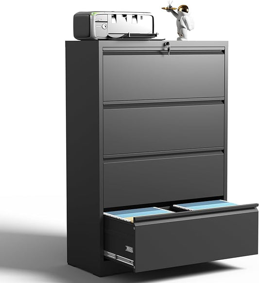 4 Drawer Lateral File Cabinet, Metal Filing Cabinets for Home Office, Steel Storage Wide File Cabinet for Letter/Legal/F4/A4 Size with Hanging Bars, Assembly Required (Black)