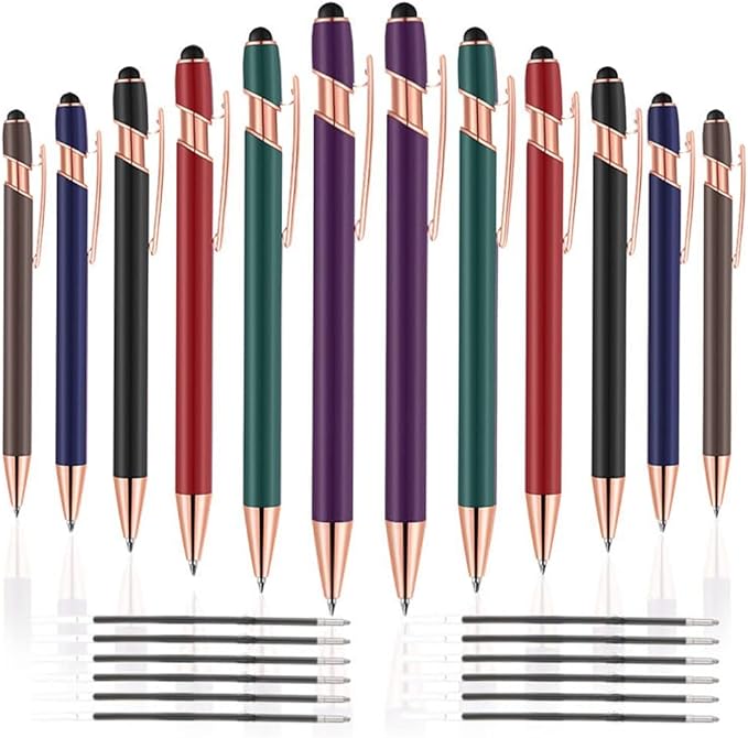 12 PCS 2 in 1 Stylus Ballpoint Pen with Stylus Tip, 1.0 mm Black Ink Metal Pen Stylus Pen for Touch Screens (Mixed Color)