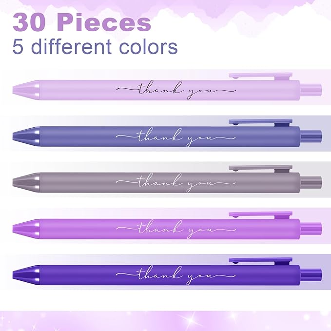30pcs Thank You Pens Bulk Cute Multicolor Ballpoint Pen for Men Women Server Accessories Employee Holiday Appreciation Gifts for Teacher Office Back to School Party Favor (Purple)