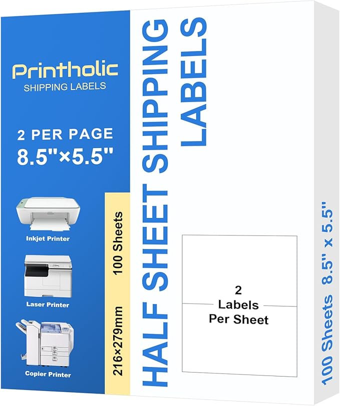 200 Half Sheet Self Adhesive Shipping Labels 8.5" x 5.5" Compatible with for Laser & Inkjet Printers - 100 Sheets, 2 Labels Per Page
