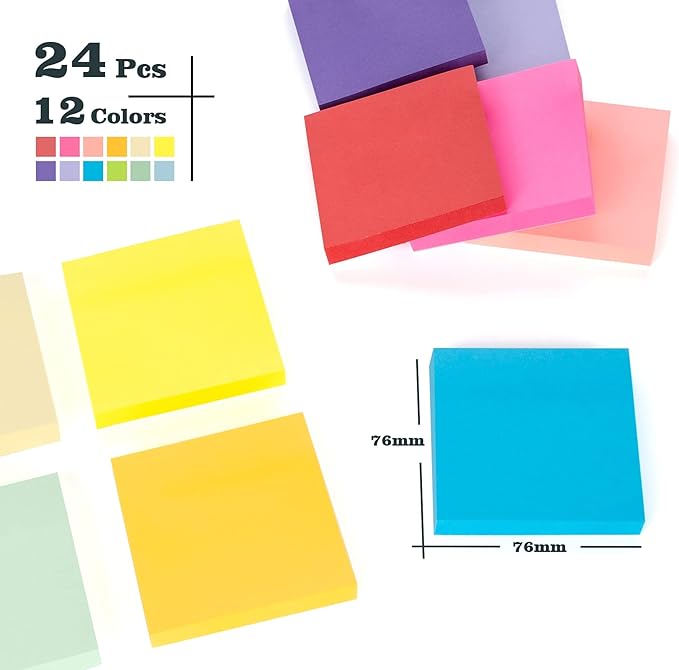 24 Pack Sticky Notes - 3 x 3 Inch Large Memo Pads with 2X Sticking Power,12 Bright Colors Sticky Pads,100 Sheets/Pad - 2400 PCS Super Sticky & Repositionable for Office,Notebook,School,and Daily Use