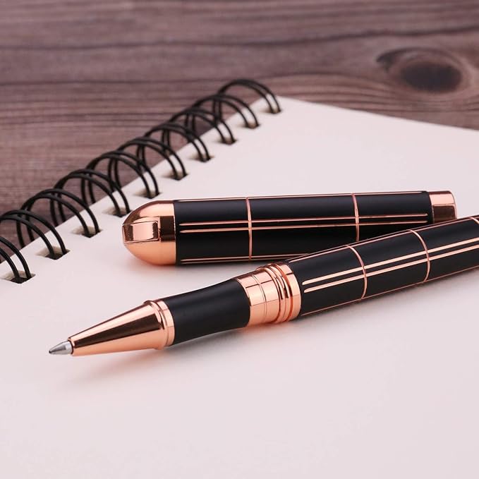 2PCS Rollerball & Ballpoint Pen Set Rolling Ball Pens Liquid Ink Wirting Pen with Extra 2 Refills, Fine Point, 0.7mm, Black Ink