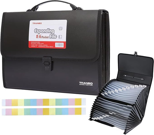 25 Pockets Letter Size/A4 Accordion File Organizer with Handle, TRANBO Expanding File Folder, Expandable Document Paper Organizer for Travel School Office - 1 Pack