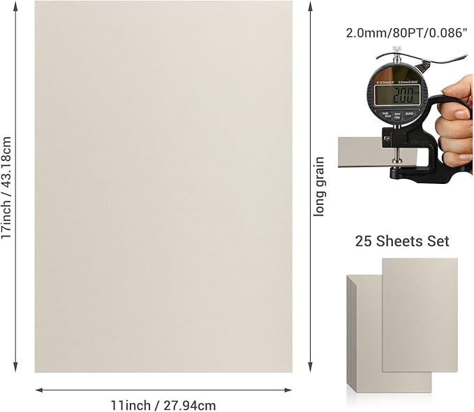 25 Pcs Book Board, Binder Board, Cover Board, Heavy Duty Chipboard for Book Binding, DIY Cardboard (Gray, 11 x 17 Inch 80PT)