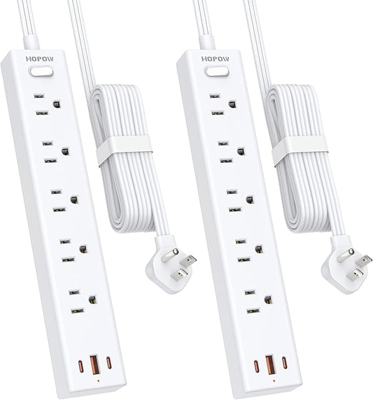 2 Pack Power Strip Surge Protector, 10 Ft Ultra Thin Flat Plug Extension Cord, Surge Protector with 5 Outlets & 3 USB Ports (2 USB C), 1700 Joules, 3-Prong, Wall Mount for Home Office Dorm, White