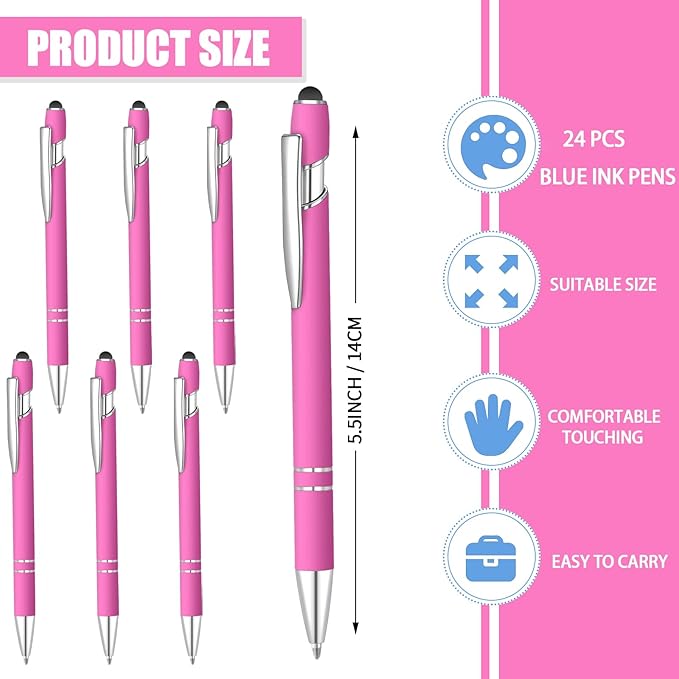 24 Pcs Blue Ink Ballpoint Pen with Stylus Tip 2 in 1 Ballpoint Pen 1.0 mm Blue Ink Metal Stylus Pen for Touch Screens Coworkers, Family, Colleagues, Office (Hot Rose)