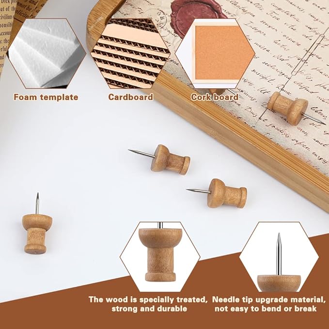 150 Pcs Push Pins for Cork Board, Decorative Thumb Tacks Wooden Push Pins Head Pin Wood Map Tacks Marking Pin, Wood Thumb Tacks Decorative for Bulletin Boards Craft Projects with Storage Box, Coffee