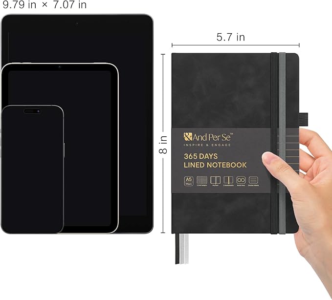 &And Per Se Lined Journal Notebook, 365 Pages, A5, 5.7'' x 8'' 100GSM Thick Paper, Journals for Writing, Hardcover Notebooks for Women Men (Black)