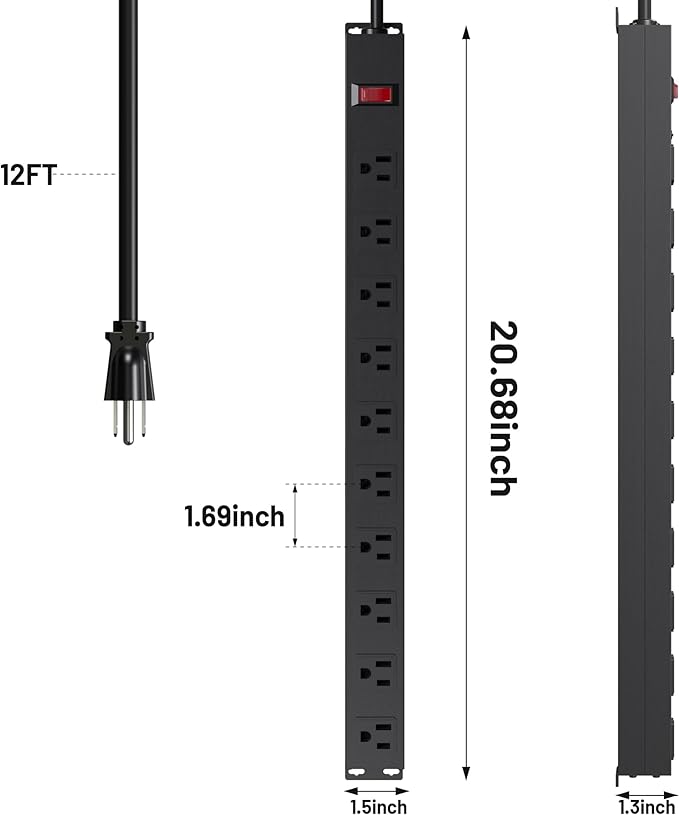 10 Outlet Metal Power Strip with 12Ft/125V/15A Long Extension Cord Black Heavy Duty Power Strip for Kitchen,Office,School,Commercial,Workshop,Industrial,ETL Certified and Listed,Black(12FT)