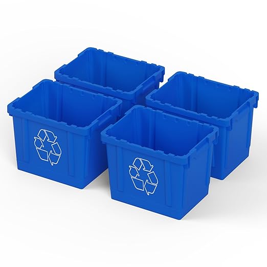 14 Gallon Rectangular Blue Recycling Bin | 4 Pack | Inside Outside Curbside | Stackable Box for Paper Plastic