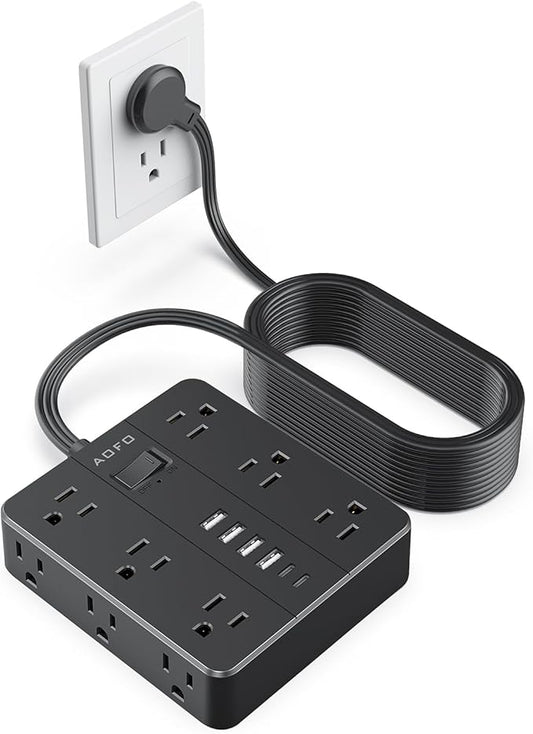 20FT Surge Protector Power Strip,12 AC Outlets with 6 USB Ports (2 USB-C), Flat Plug Extension Cord with Multiple Outlets, Wall Mount for Home Office,Dorm,Black