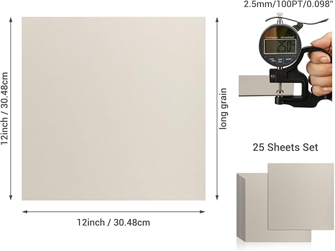 25 Pcs Book Board, Binder Board, Cover Board, Heavy Duty Chipboard for Book Binding, DIY Cardboard (Gray, 12 x 12 Inch 100PT)