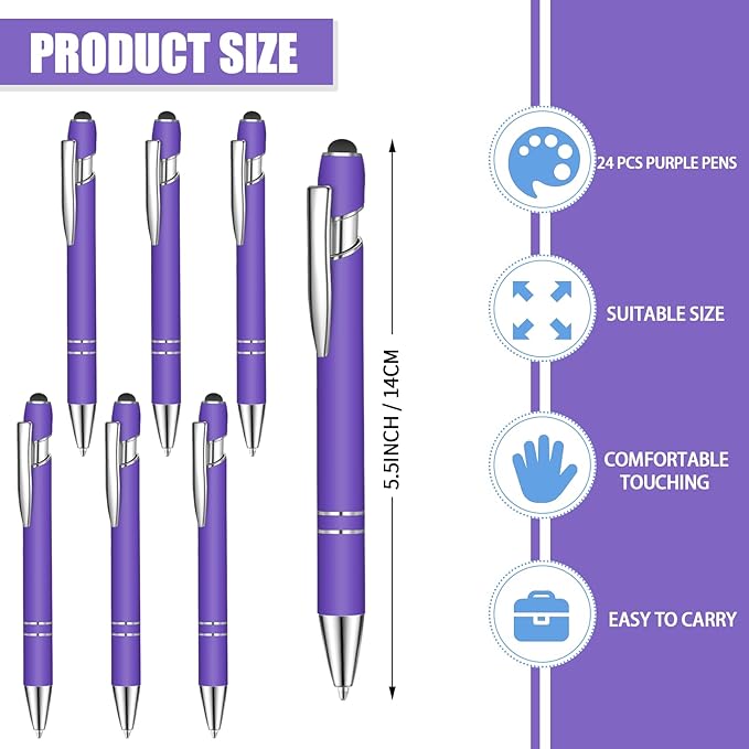24 Pcs Blue Ink Ballpoint Pen with Stylus Tip 2 in 1 Ballpoint Pen 1.0 mm Blue Ink Metal Stylus Pen for Touch Screens Coworkers, Family, Colleagues, Office (Purple)