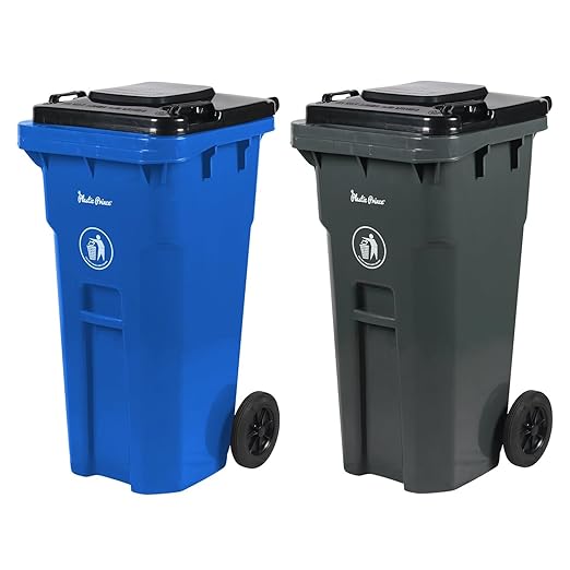 32 Gallon Trash Can with Wheels and Lid, Rolling Recycling Bin Outdoor with Wheels, Commercial Wheeled Garbage Can for Home Garage Office, Set of Blue and Gray