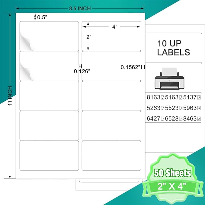 2x4 Shipping Address Labels, 500 Matte Printable Sticker Labels for Mailing Labels, Fragile Stickers, Product Sticker Making, 8.5 x 11 Label Paper for Lase Inkjet Printer, 10 Up Per Sheet, 50 Sheets