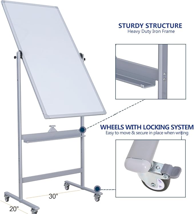 40" x 28" Double-Sided Mobile Whiteboard with Wheels | Rolling Magnetic Dry Erase Board on Stand | Adjustable Height Silver Frame White Board for Office, Classroom & Home