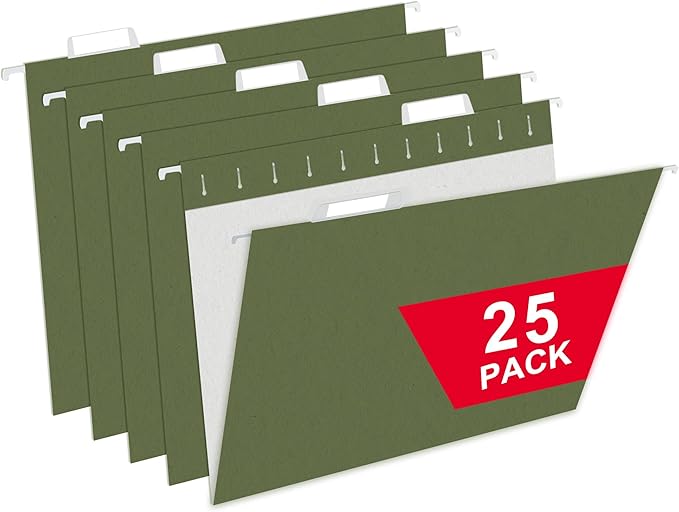 25 Packs Hanging File Folders,Standard Green File Folders for Filing Cabinet,1/5 Adjustable Tabs & Labels,Bulk File Organizer for Office,School,Home